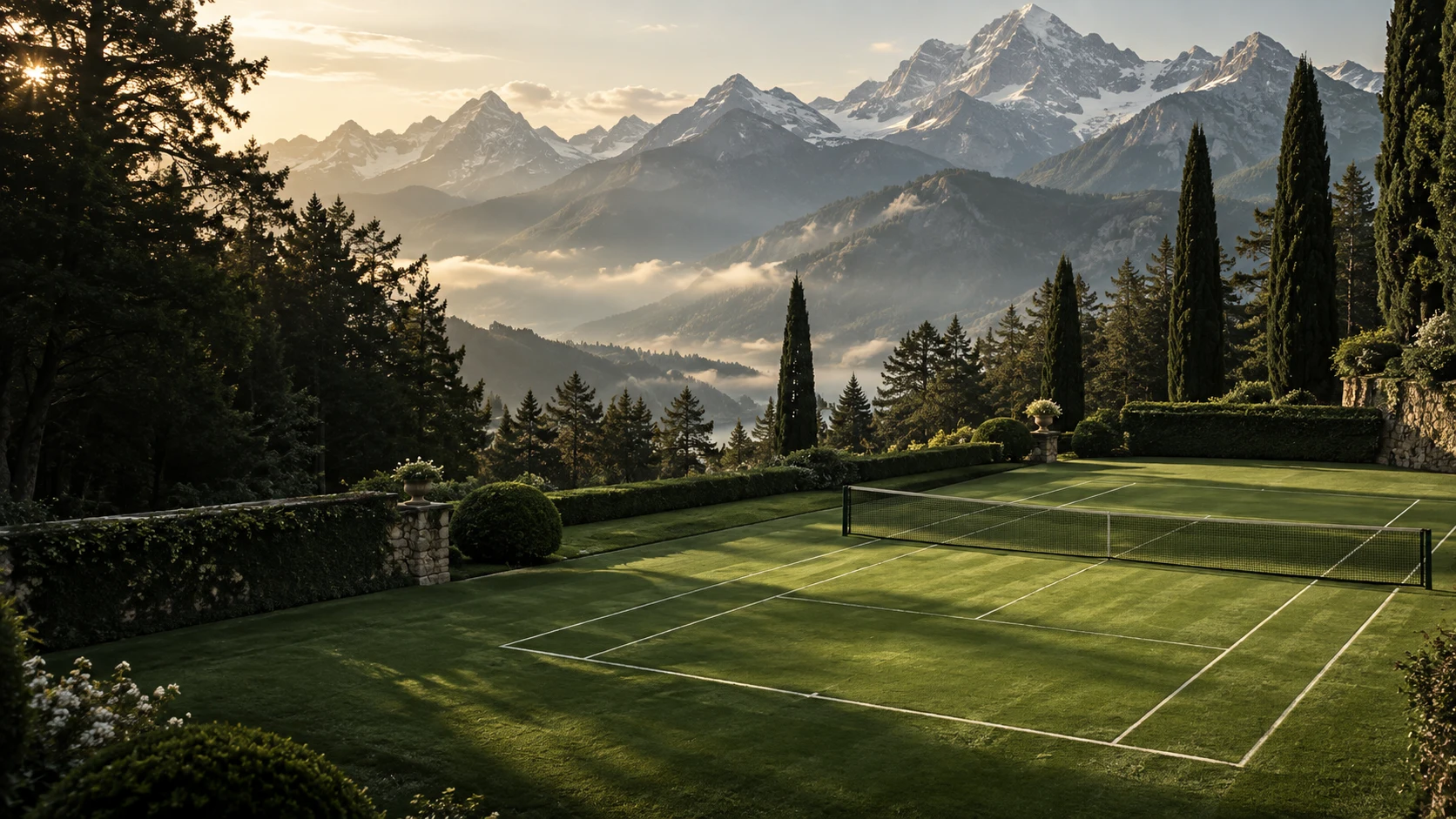 An immaculate grass court looking out towards the Alpine mountains
